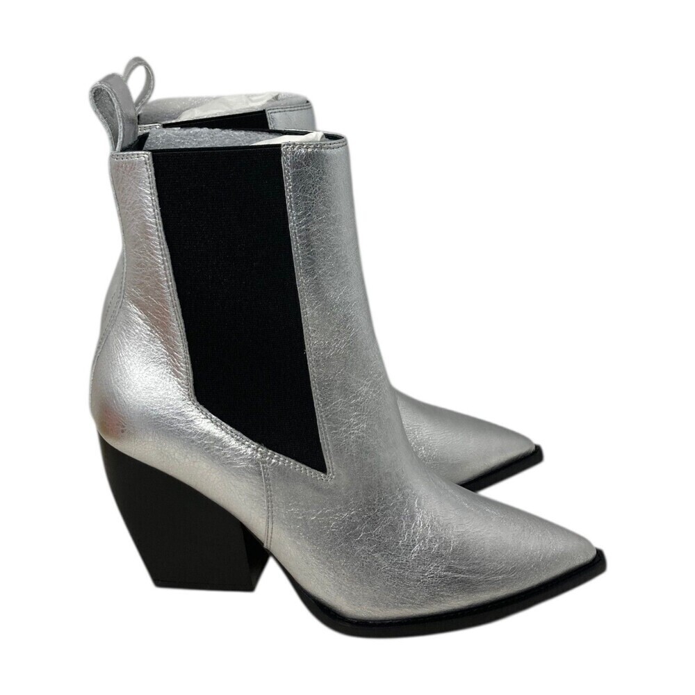 All Saints Ankle Boots Women's Size 8 Silver Ria Chelsea Block Heel Leather